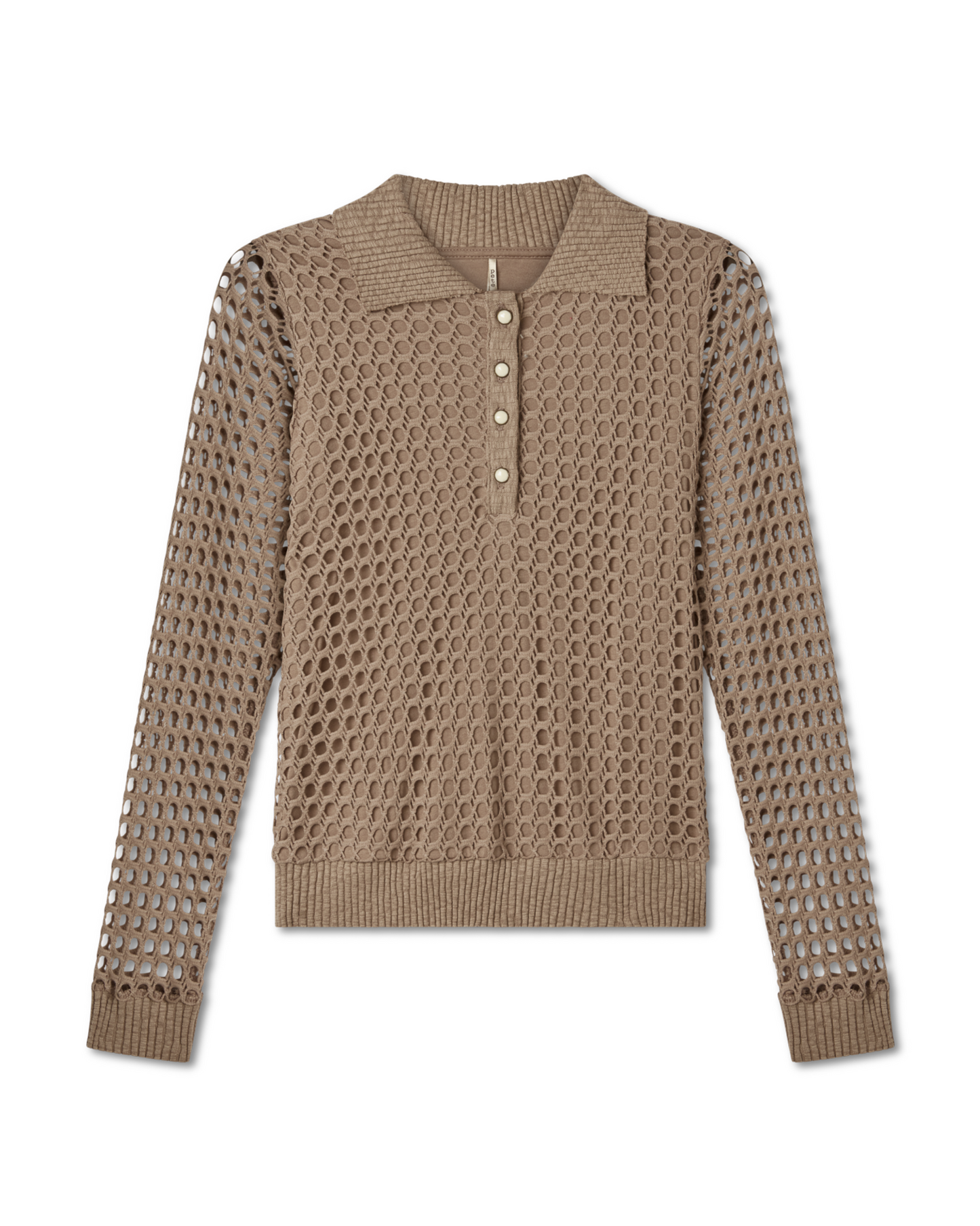 polo long sleeve, bark, brown, mocha, oatmeal, greige, beige. crochet, lining, front button