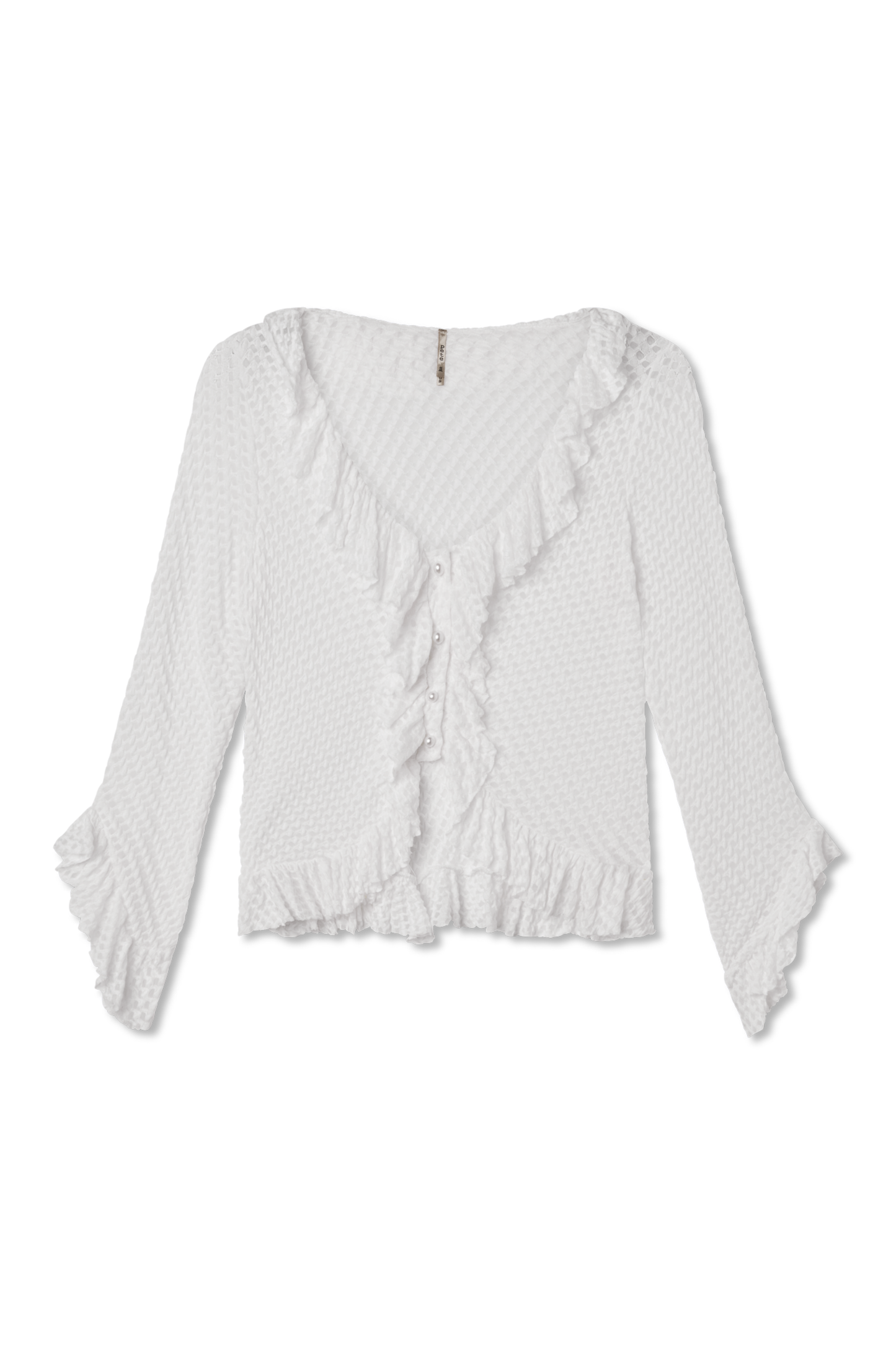 White. Milky. Flat lay photo of a lightweight jacquard knit with ruffle trim along neckline, hem, and sleeves. Pearl-style front buttons. Flared sleeves. Slightly cropped silhouette.