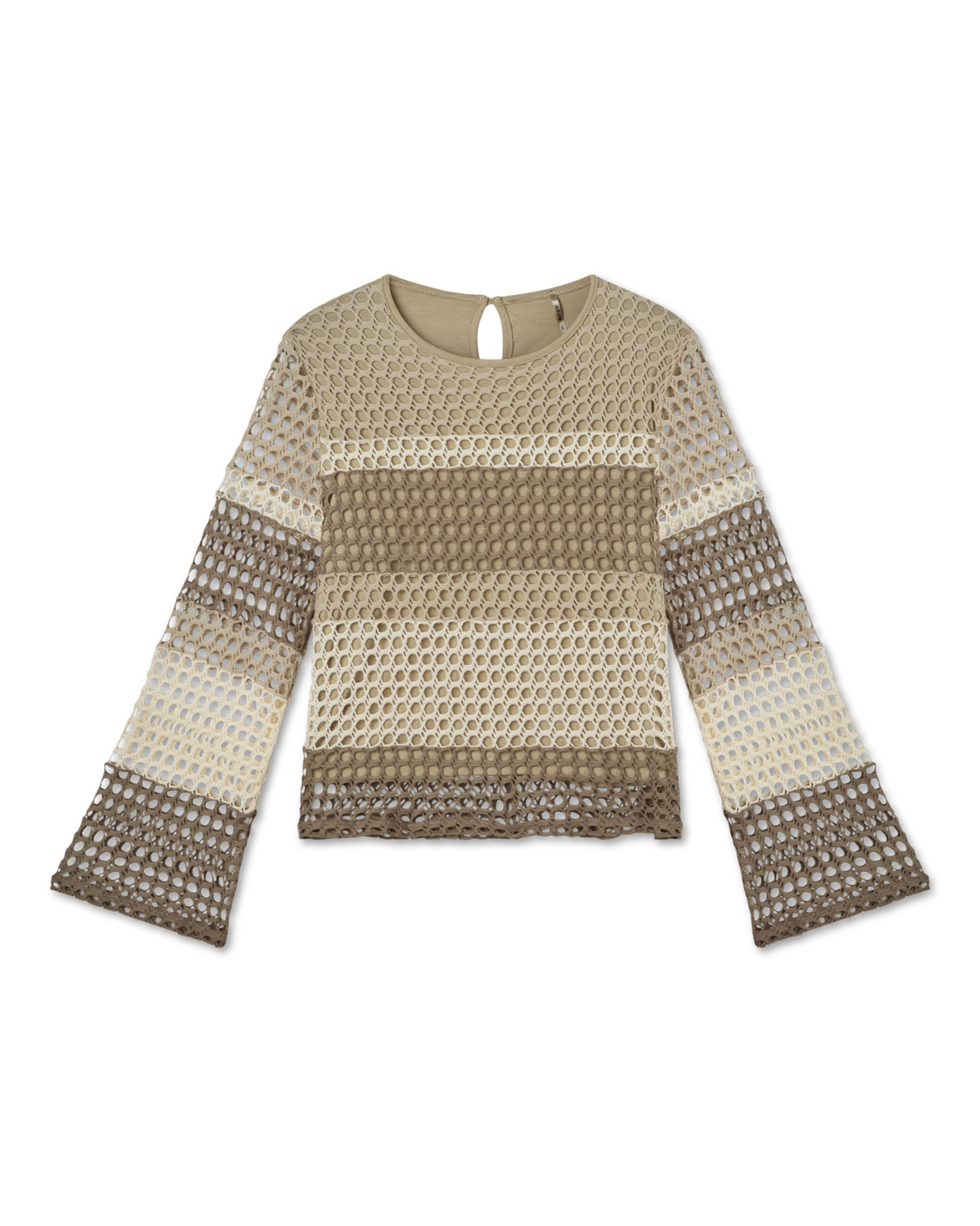 long sleeve, bell sleeve, bark combination, shades of oatmeal, linen, bark, beige, ivory, brown, neutrals. crochet, color block, stripes