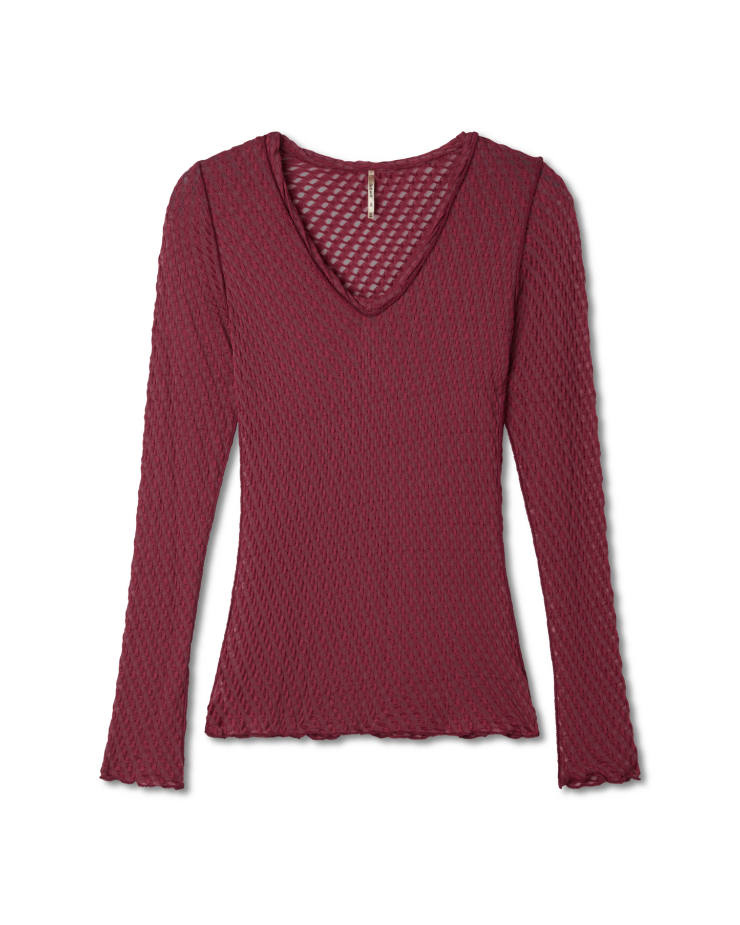sangria, red, burgundy, maroon textured v-neck long-sleeve shirt on a white background. ribbon, jacquard fabric - Pete Collection