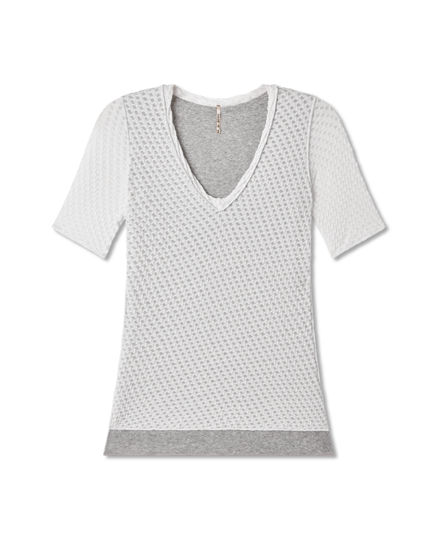 white, coconut milk textured short-sleeve v-neck shirt with a gray lining on a white background. ribbon, jacquard fabric - pete collection