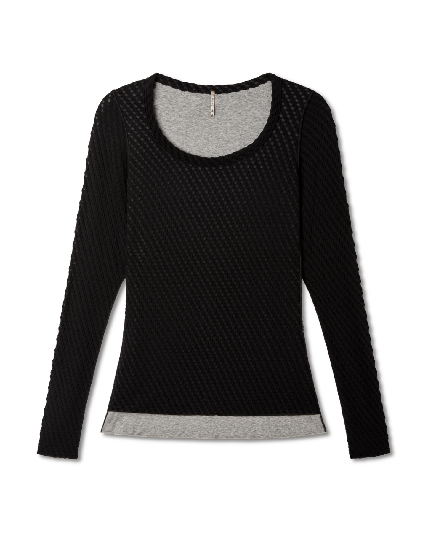 black textured long-sleeve scoop neck shirt with a gray lining on a white background. ribbon, jacquard fabric - pete collection