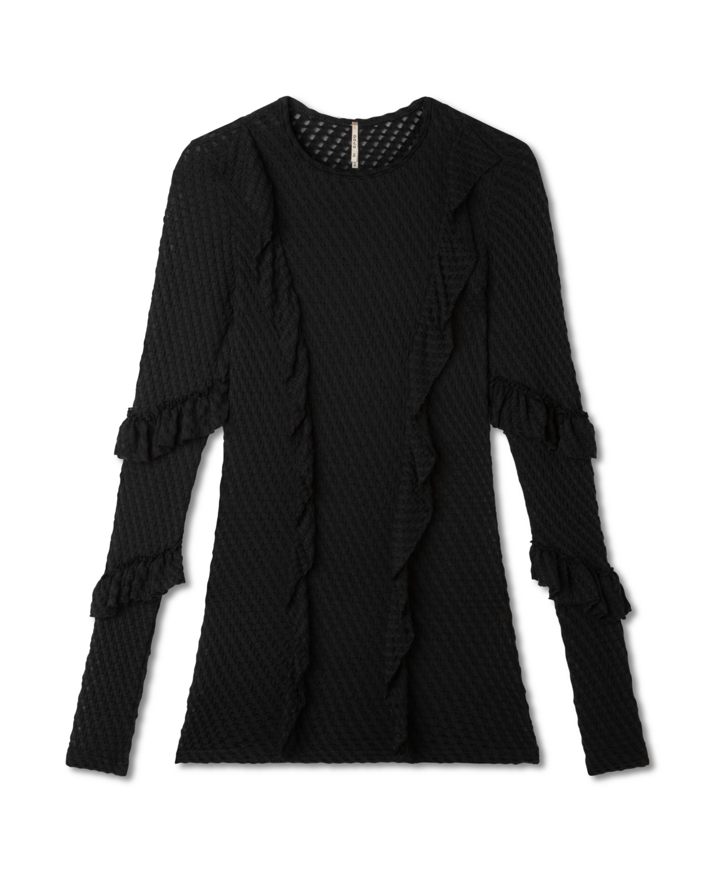 Black textured long-sleeve top with ruffles on a white background. ribbon, jacquard fabric in a black color - pete collection