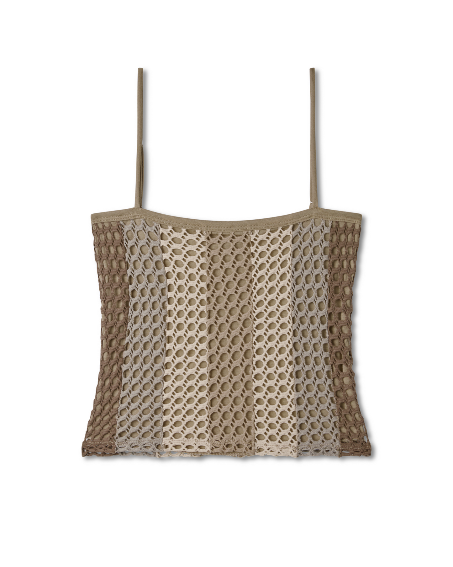 cami tank top, bark combination, shades of brown, white, oatmeal, linen, ivory, grey, greige, beige. crochet, color block, stripes, lining, tank top