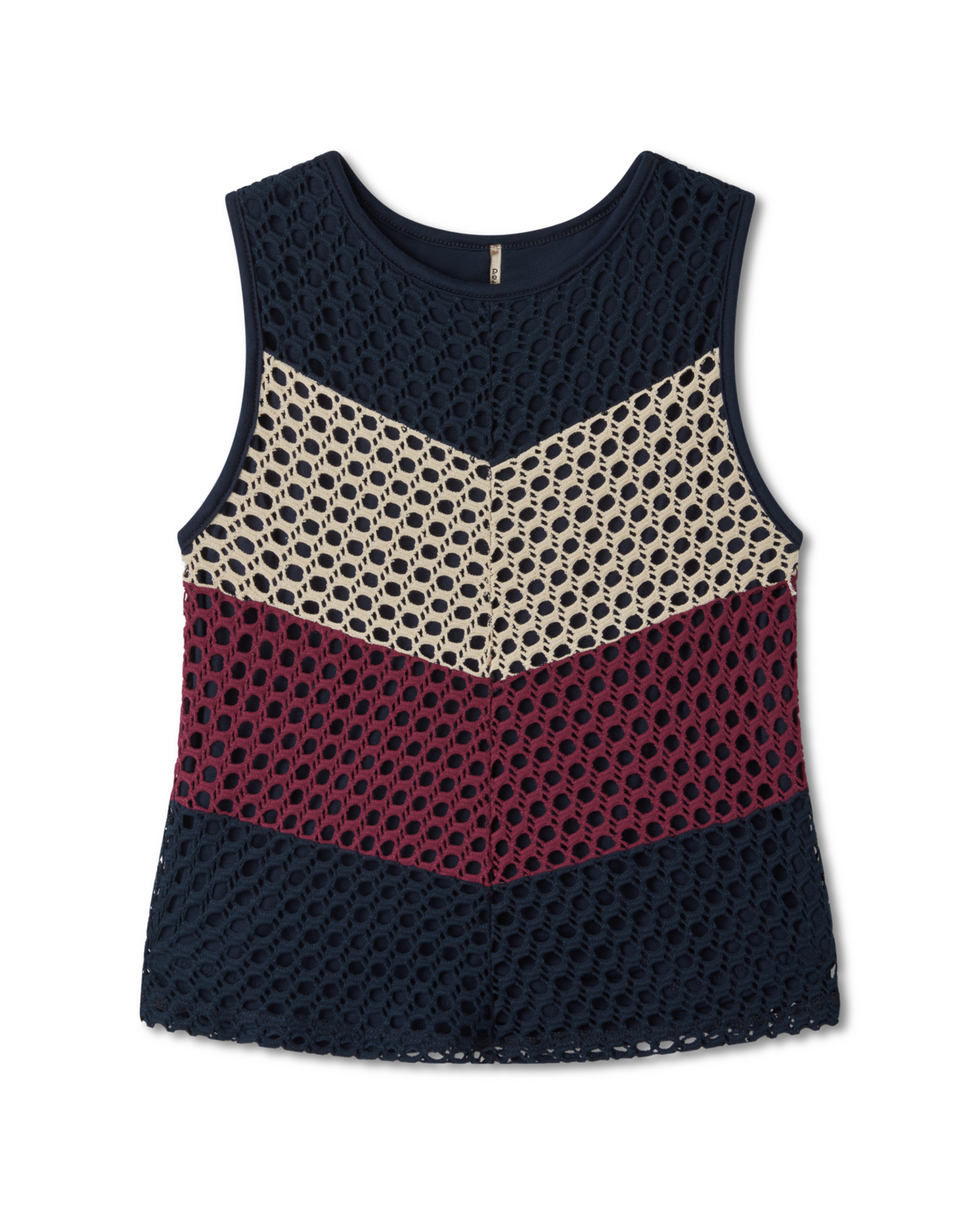 sleeveless chevron crochet color block top, shades of sangria, pink, oatmeal, linen, navy, red, burgundy, maroon, beige, ivory. crochet, color block, stripes, chevron pattern. navy lining