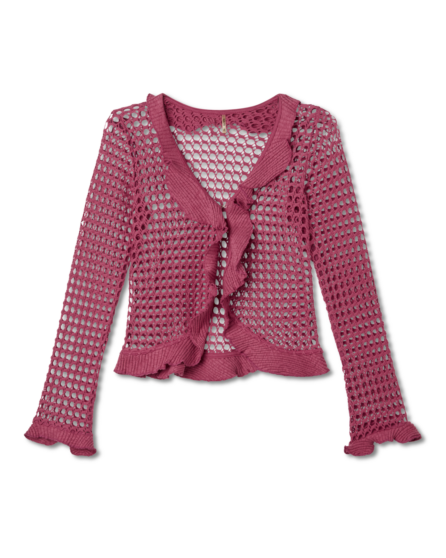 crochet ruffle cardigan in rosewood, pink, warm rose color with front clasps. very flattering and cute and feminine - pete collection