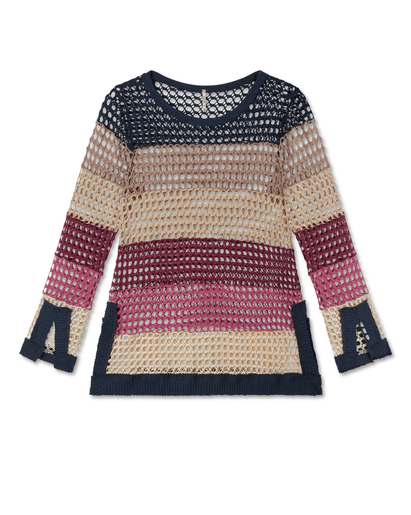 long sleeve, sangria combination, shades of sangria, pink, oatmeal, linen, navy, red, burgundy, maroon, beige. crochet, color block, stripes