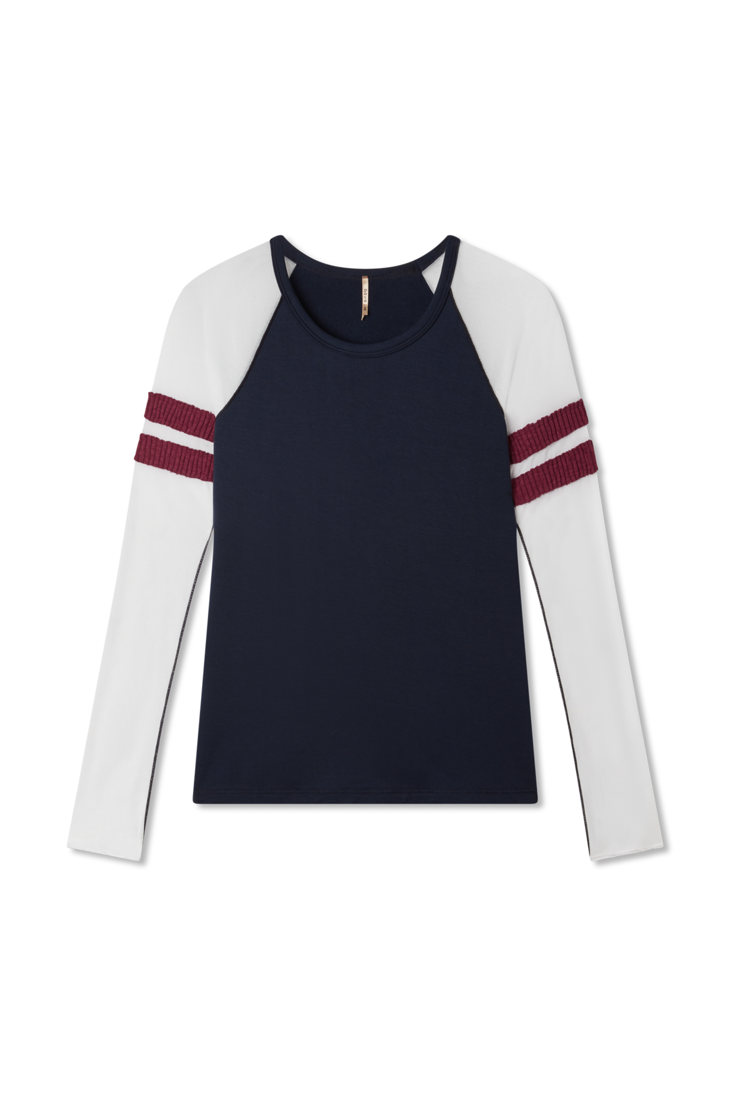 Flat lay photo of navy, white and sangria (maroon) (burgundy) long sleeve baseball top in navy with mesh sleeves. sporty and casual every day shirt. - Pete Collection