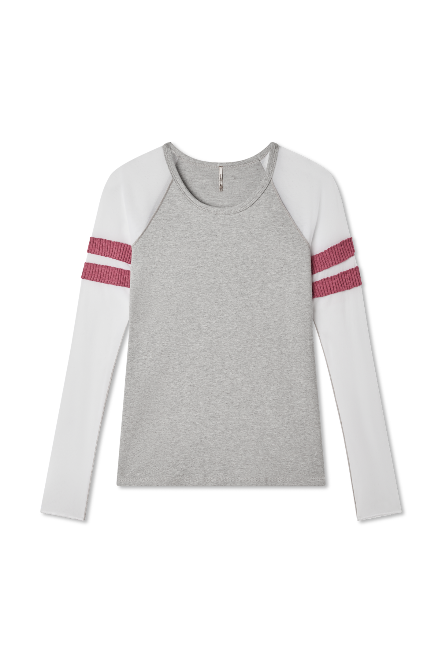 Flat lay photo of a heather gray, white and rosewood (pink) (mauve) long sleeve baseball top in navy with mesh sleeves. sporty and casual every day shirt. - Pete Collection