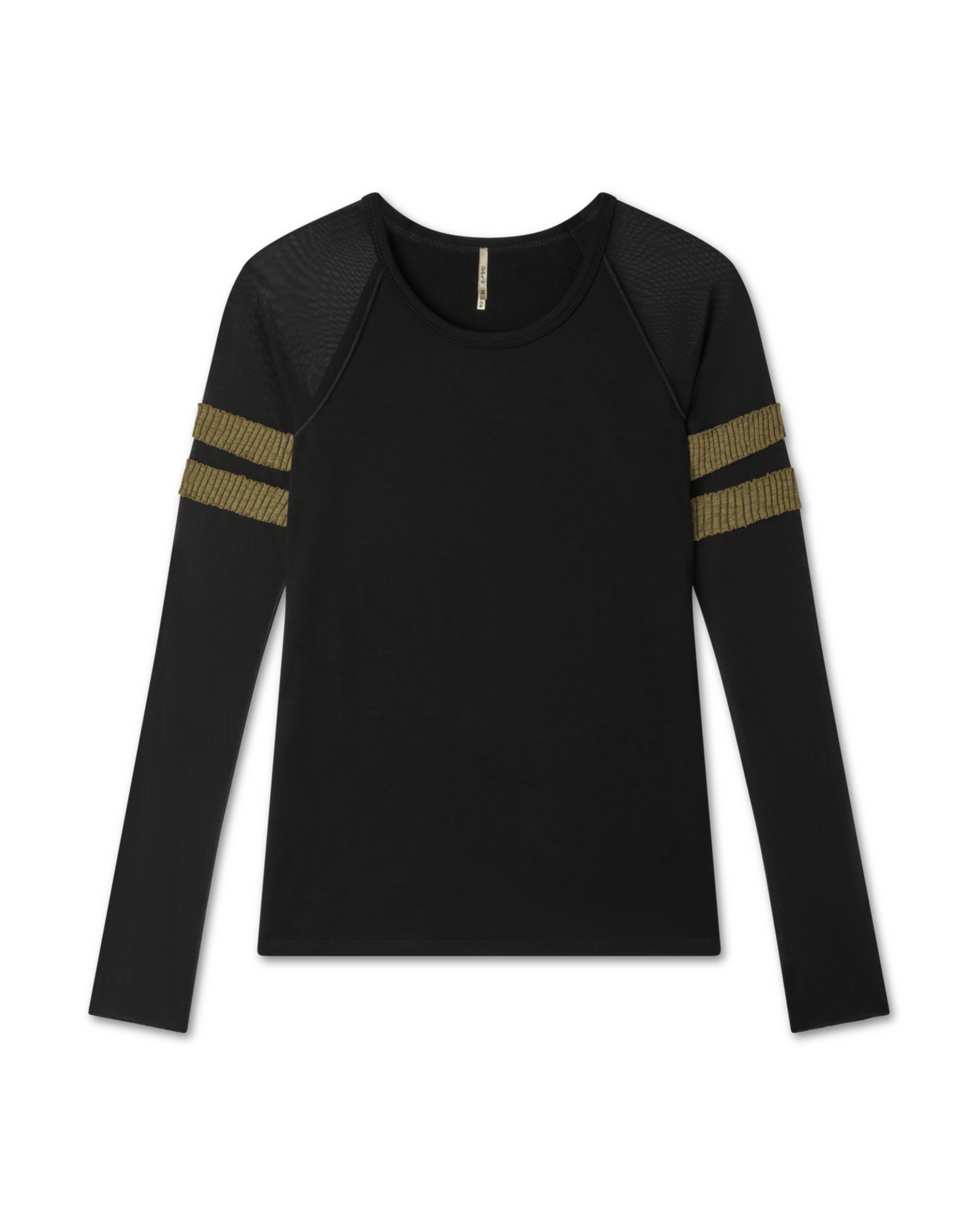 Flat lay photo of black and moss (green) (olive) long sleeve baseball top in navy with mesh sleeves. sporty and casual every day shirt. - Pete Collection