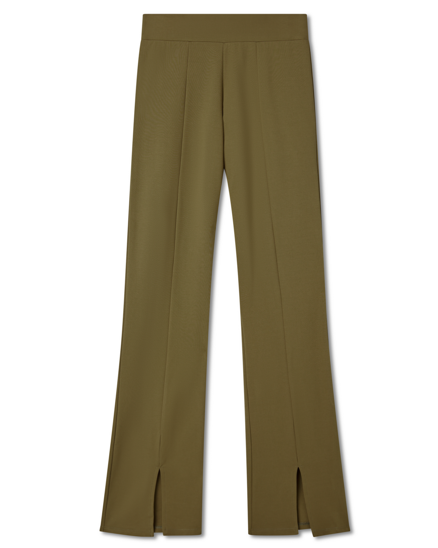 Flat lay image of a moss, green flattering ponte pants on a white background - Pete Collection