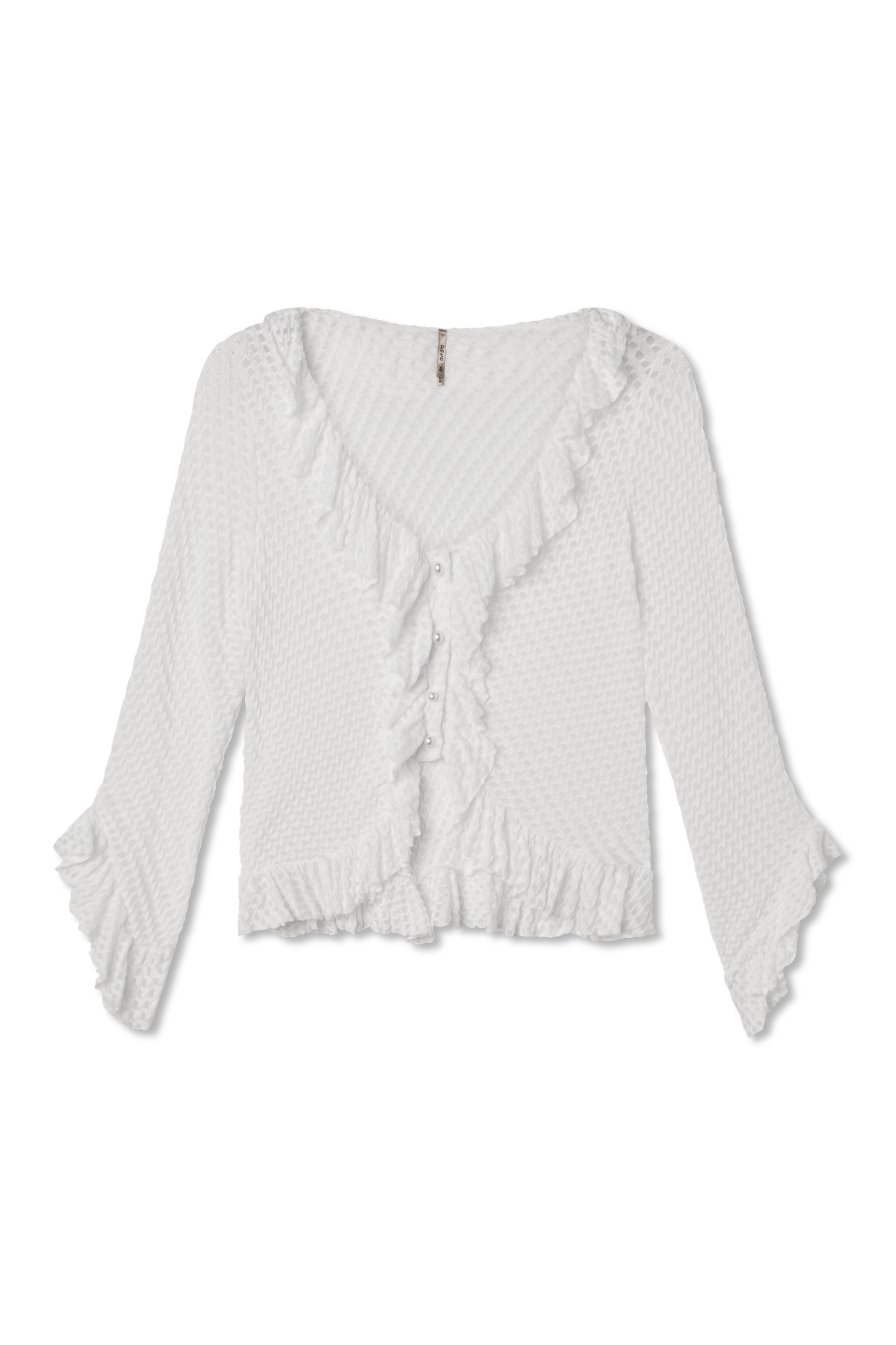 White. Milky. Flat lay photo of a lightweight jacquard knit with ruffle trim along neckline, hem, and sleeves. Pearl-style front buttons. Flared sleeves. Slightly cropped silhouette.