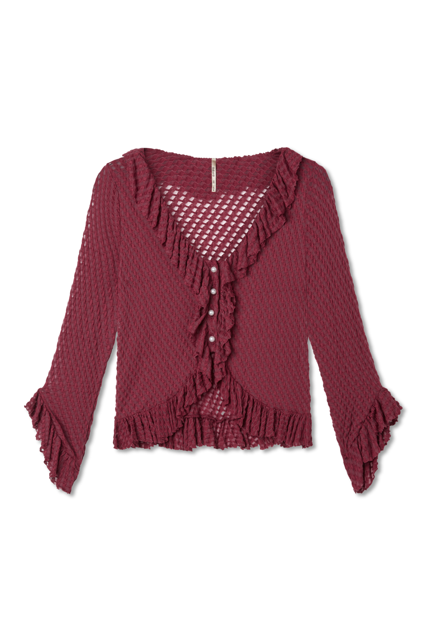 Sangria. Burgundy. Maroon. Flat lay photo of a lightweight jacquard knit with ruffle trim along neckline, hem, and sleeves. Pearl-style front buttons. Flared sleeves. Slightly cropped silhouette.