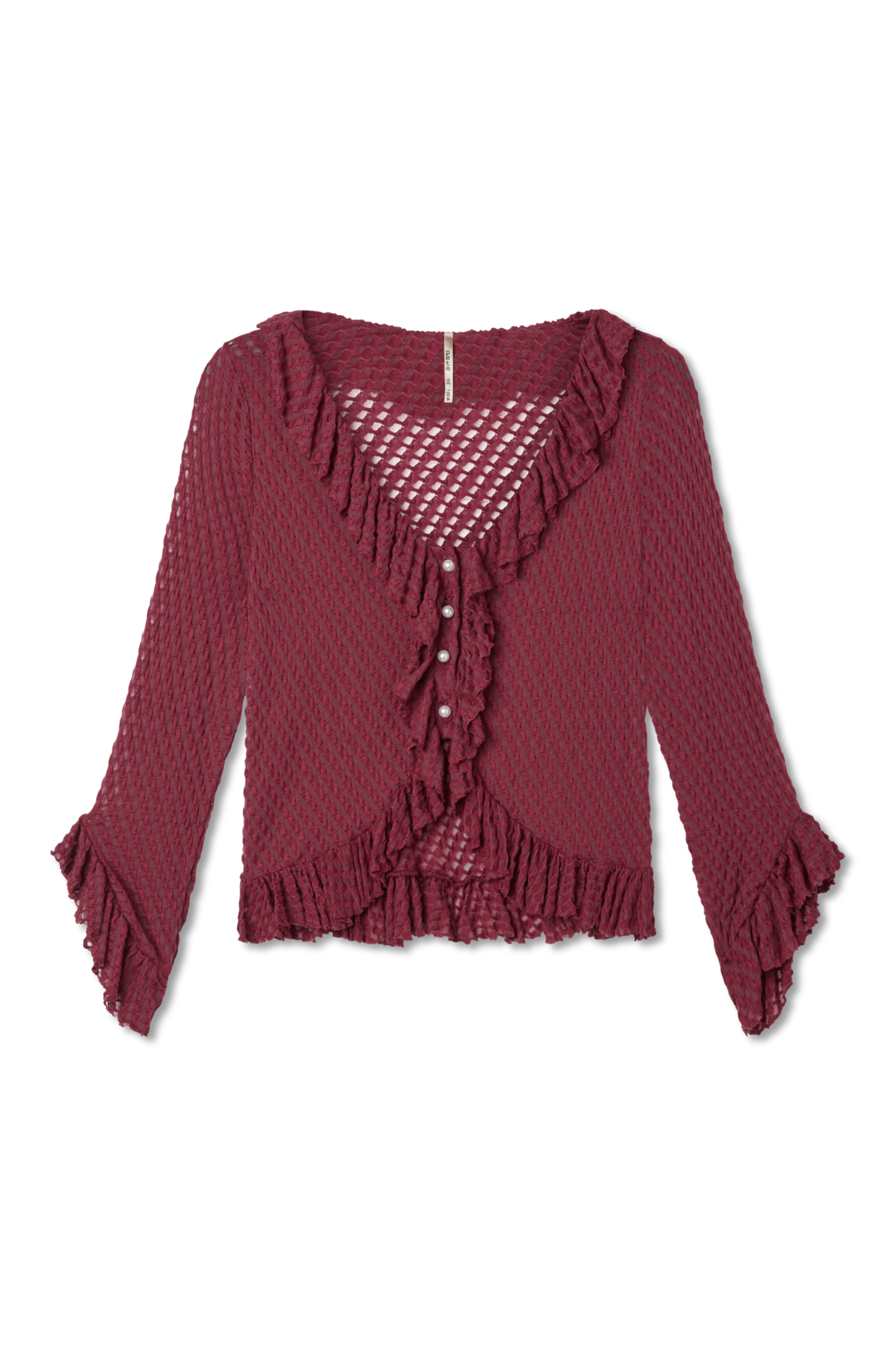 Sangria. Burgundy. Maroon. Flat lay photo of a lightweight jacquard knit with ruffle trim along neckline, hem, and sleeves. Pearl-style front buttons. Flared sleeves. Slightly cropped silhouette.
