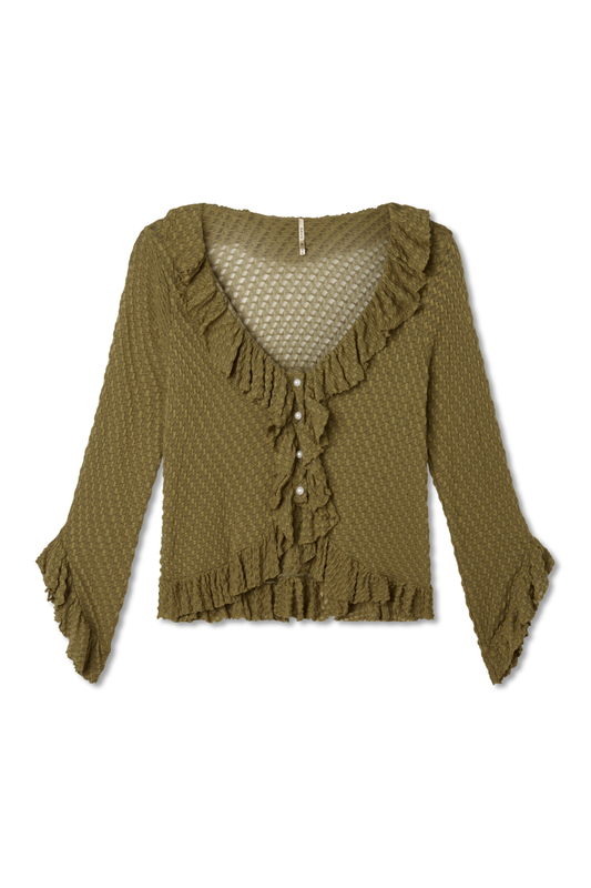 Moss. Green. Olive. Flat lay photo of a lightweight jacquard knit with ruffle trim along neckline, hem, and sleeves. Pearl-style front buttons. Flared sleeves. Slightly cropped silhouette.