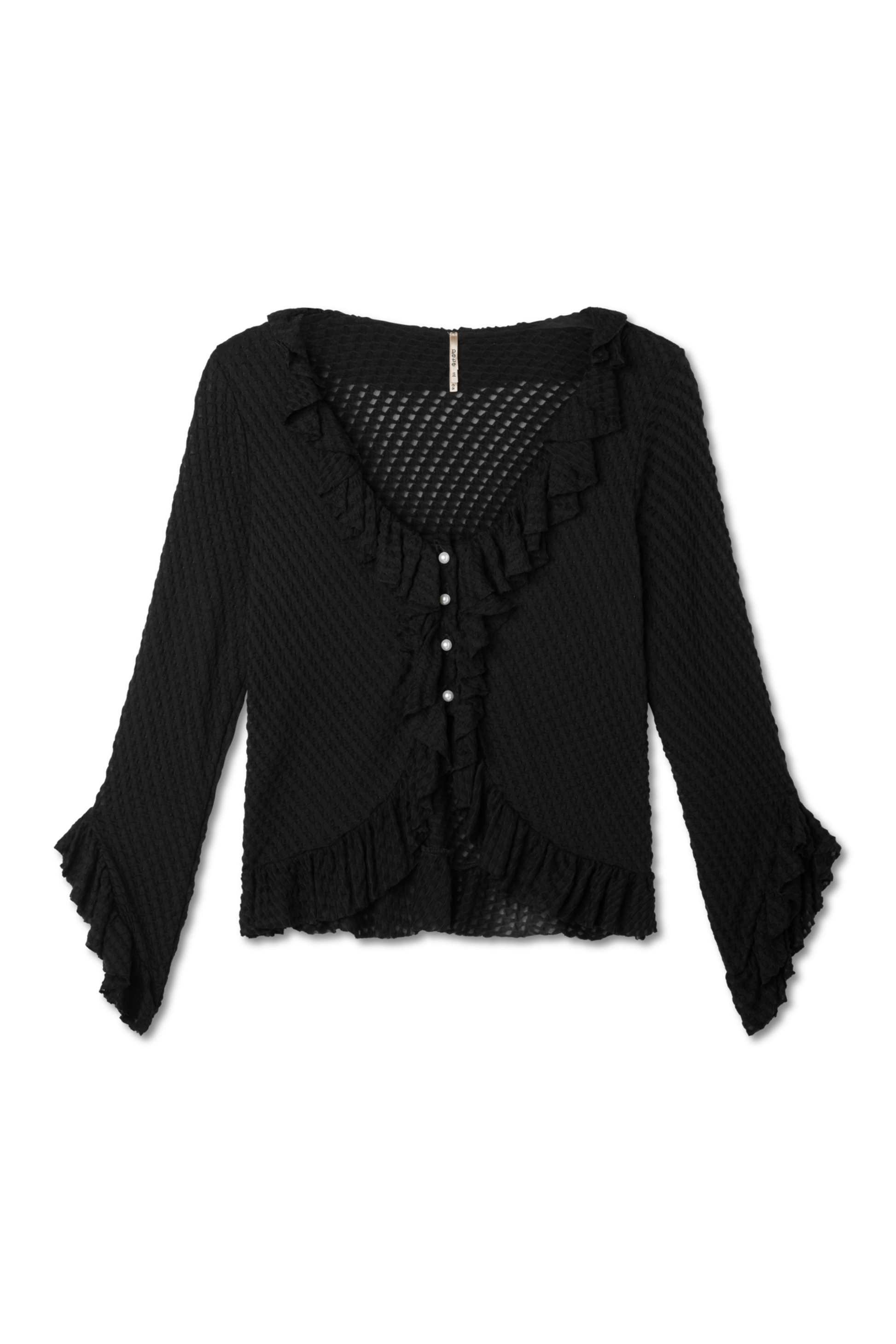 Black. Noir. Flat lay photo of a lightweight jacquard knit with ruffle trim along neckline, hem, and sleeves. Pearl-style front buttons. Flared sleeves. Slightly cropped silhouette.