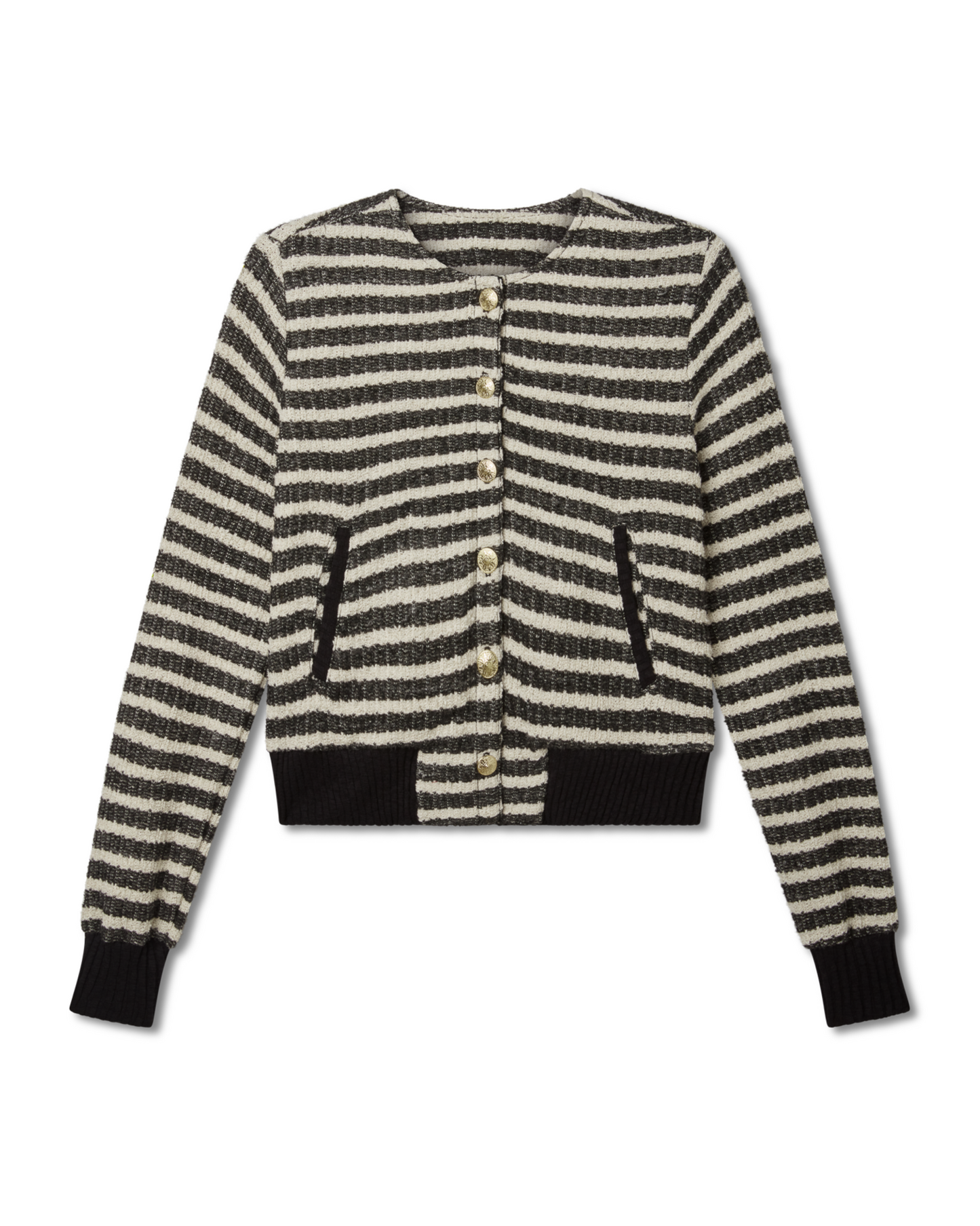 flat lay image of a striped cardigan jacket with black cuffs and pockets and gold buttons on a white background