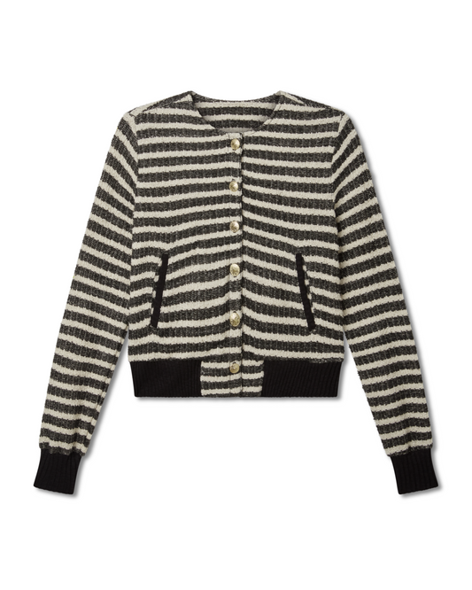 flat lay image of a striped cardigan jacket with black cuffs and pockets and gold buttons on a white background