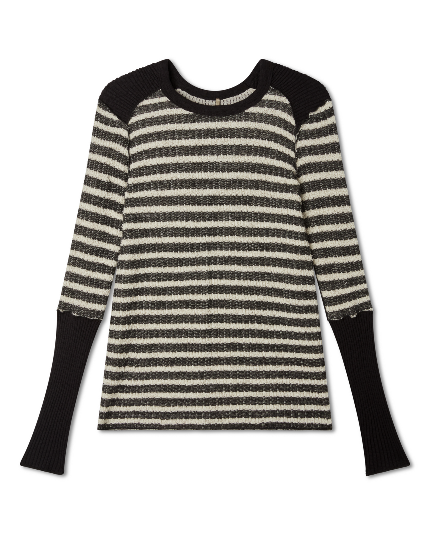 flat lay image of a striped black and white (ivory) raglan long sleeve top with ribbed detailing and sleeves on a white background. - Pete Collection