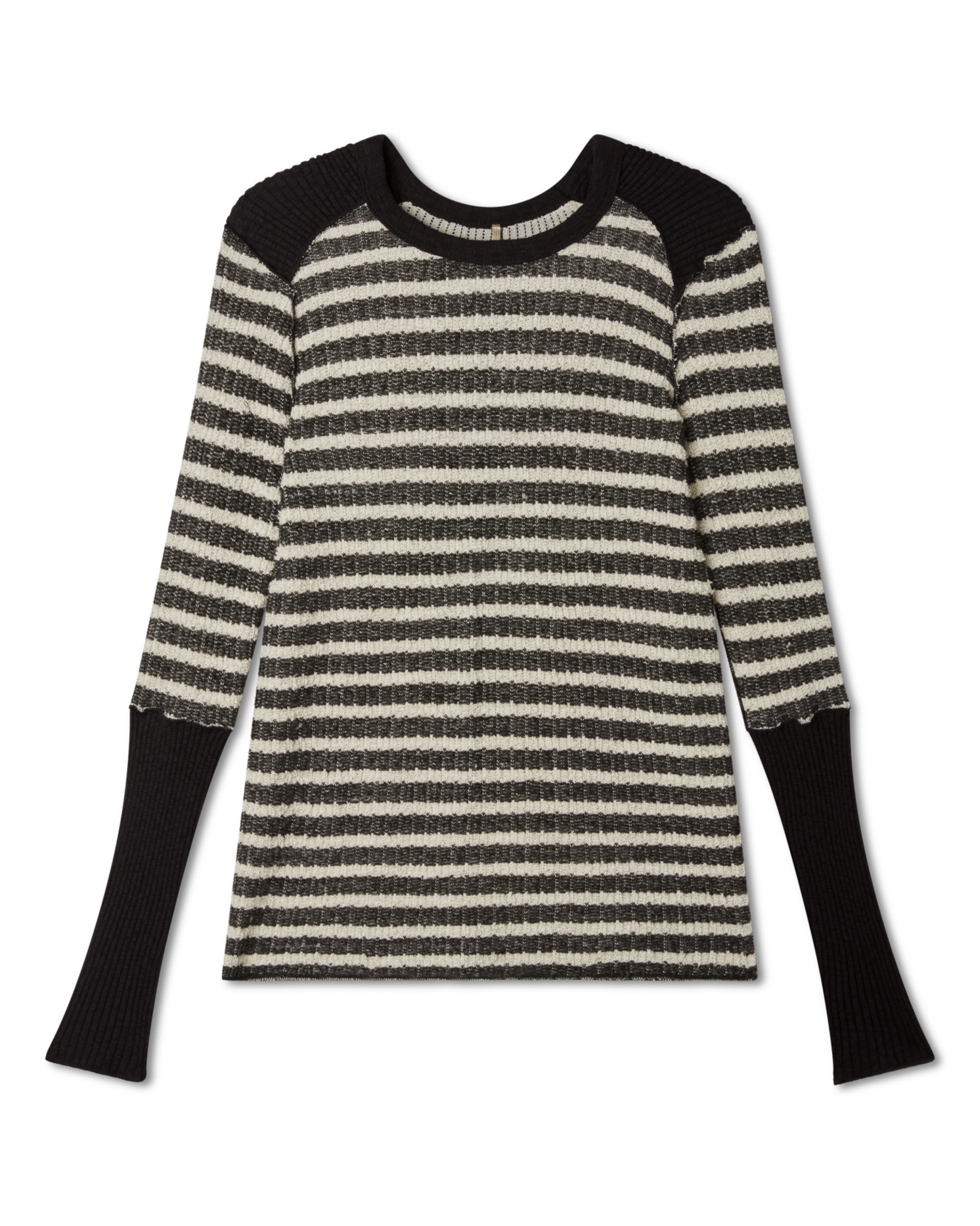 flat lay image of a striped black and white (ivory) raglan long sleeve top with ribbed detailing and sleeves on a white background. - Pete Collection
