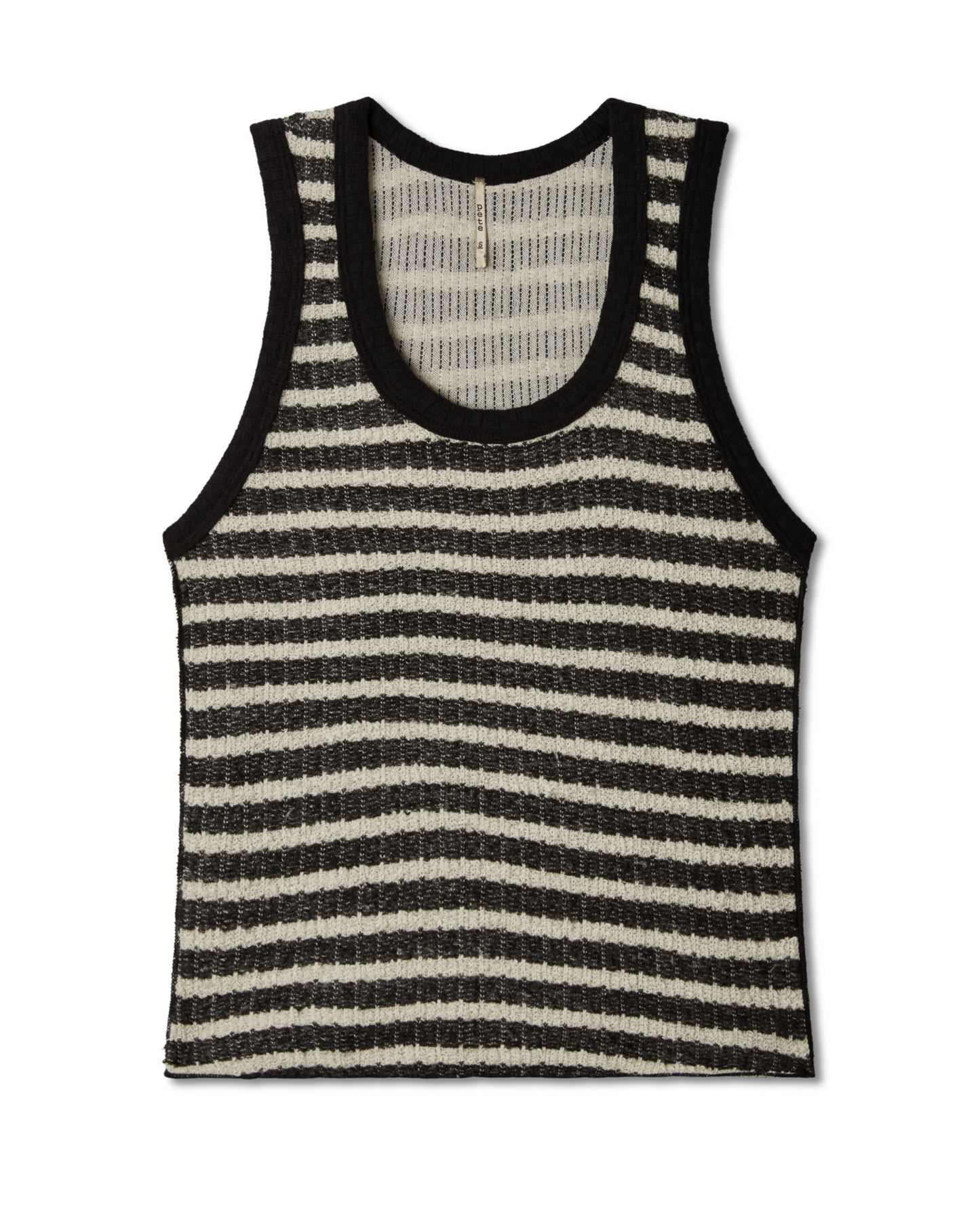 Flat lay image of a black and white, cream striped tank top on a white background. - Pete Collection