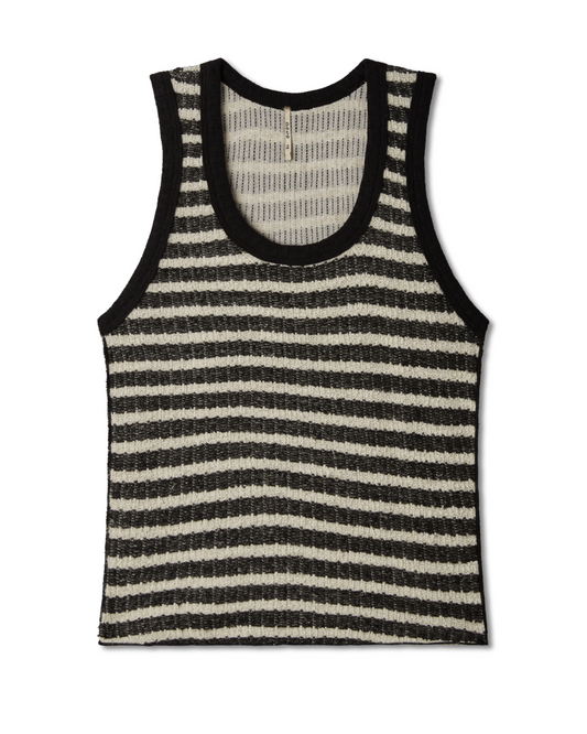 Flat lay image of a black and white, cream striped tank top on a white background. - Pete Collection