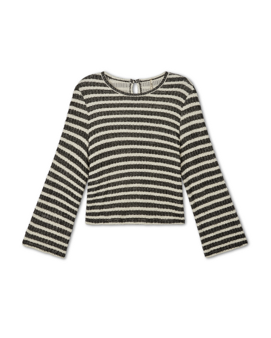 flat lay image of a striped black and white (ivory) long-sleeve top on a white background. Pete Collection