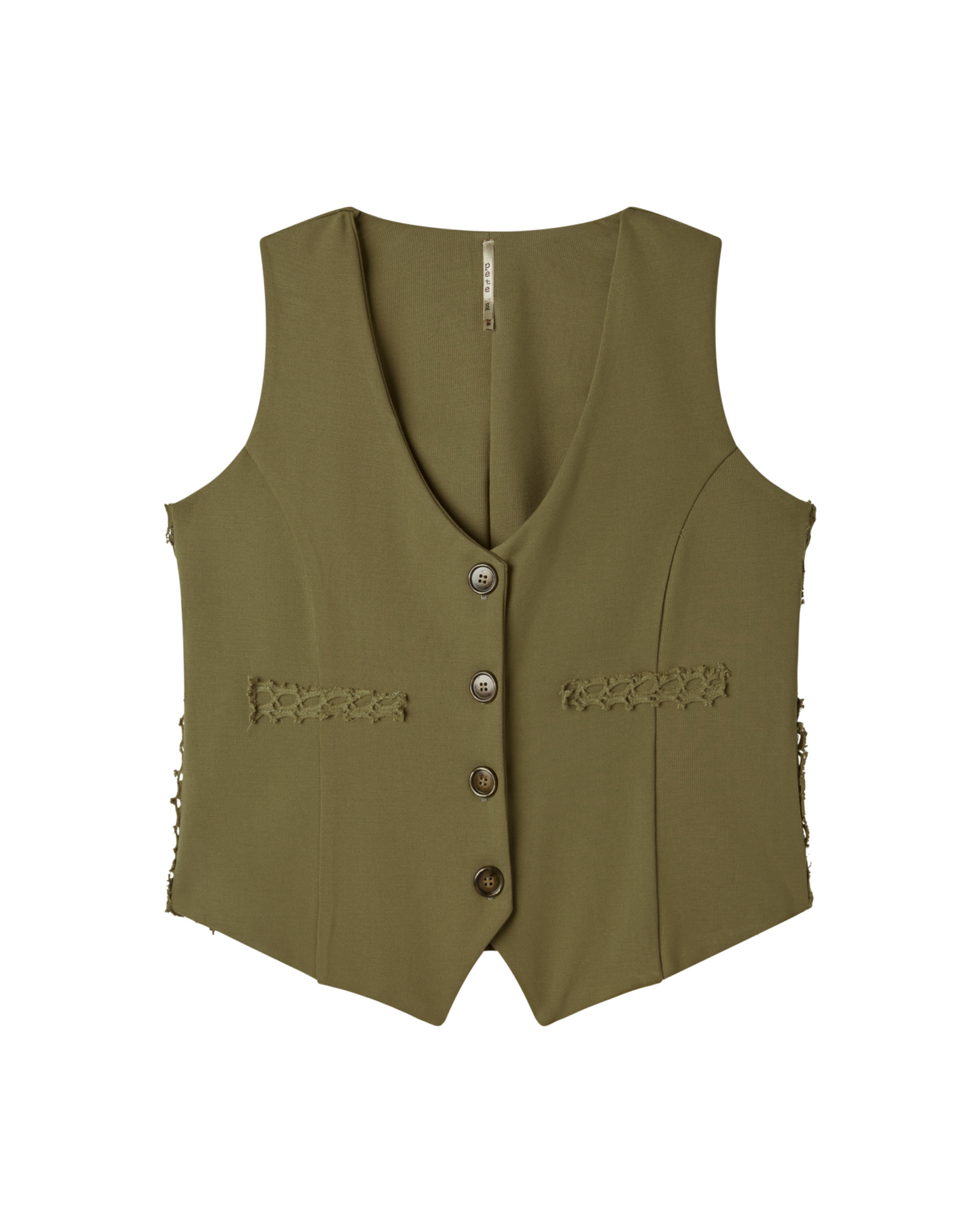 Flat lay image of a moss, green flattering vest with buttons and crochet details on a white background - Pete Collection