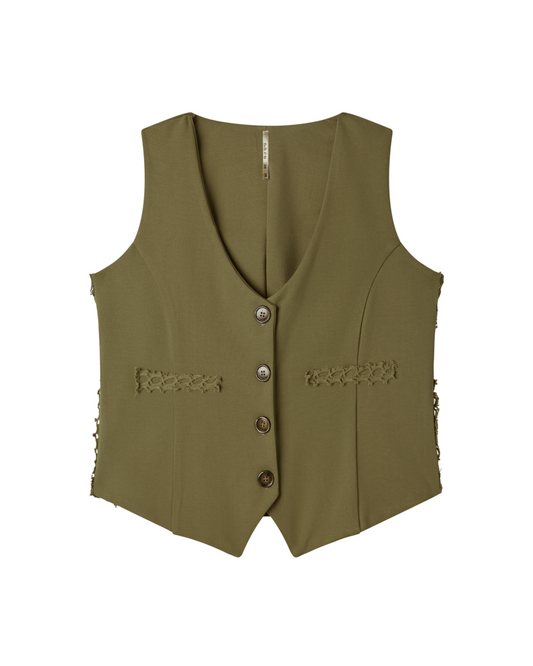 Flat lay image of a moss, green flattering vest with buttons and crochet details on a white background - Pete Collection