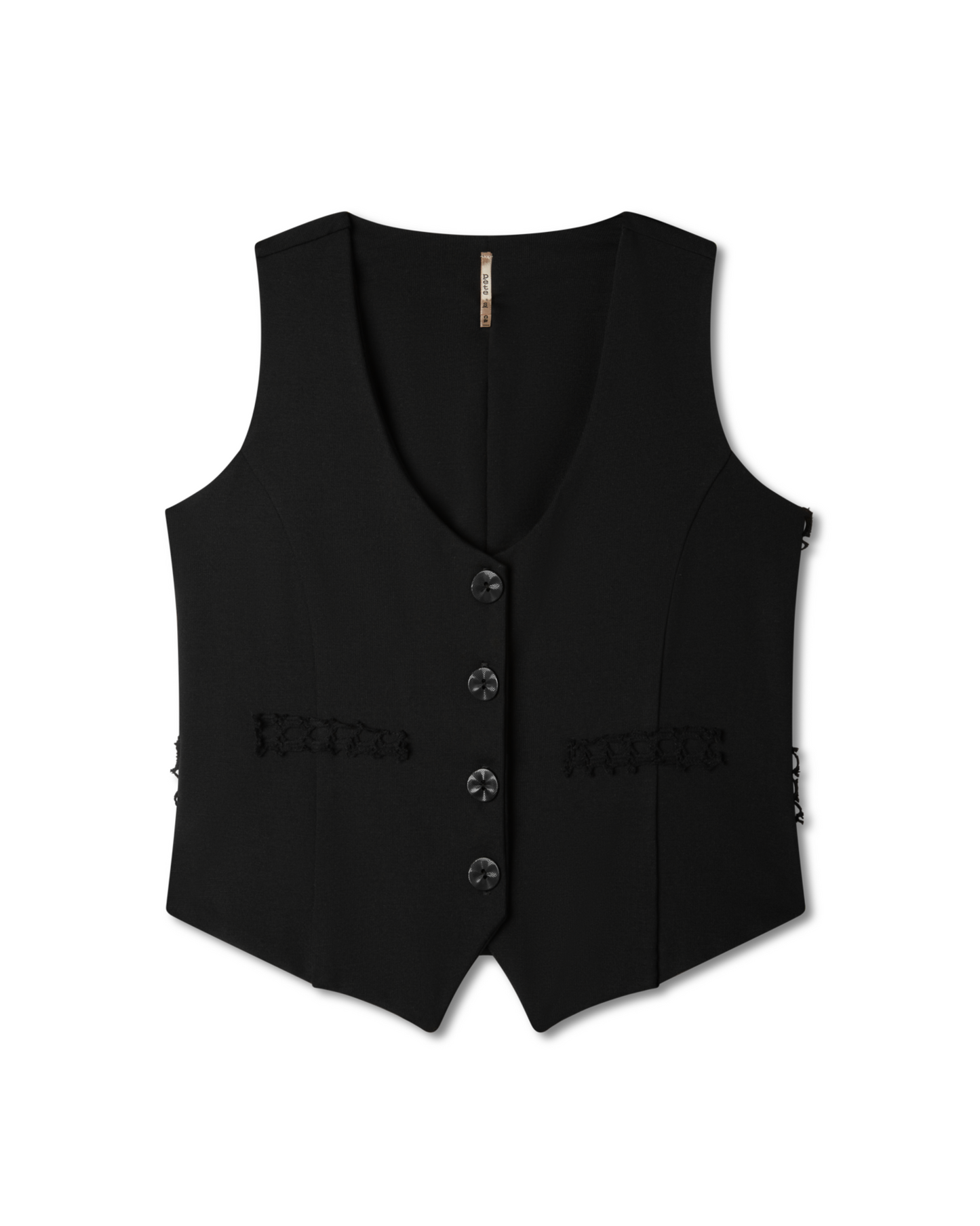 Flat lay image of a black flattering vest with buttons and crochet details on a white background - Pete Collection