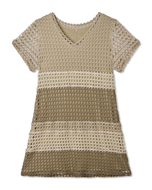 Flat lay image of a crochet cotton knit dress in a stripe color block pattern in the colors linen, beige, oatmeal, ivory, bark, mocha, brown, neutrals. - Pete Collection