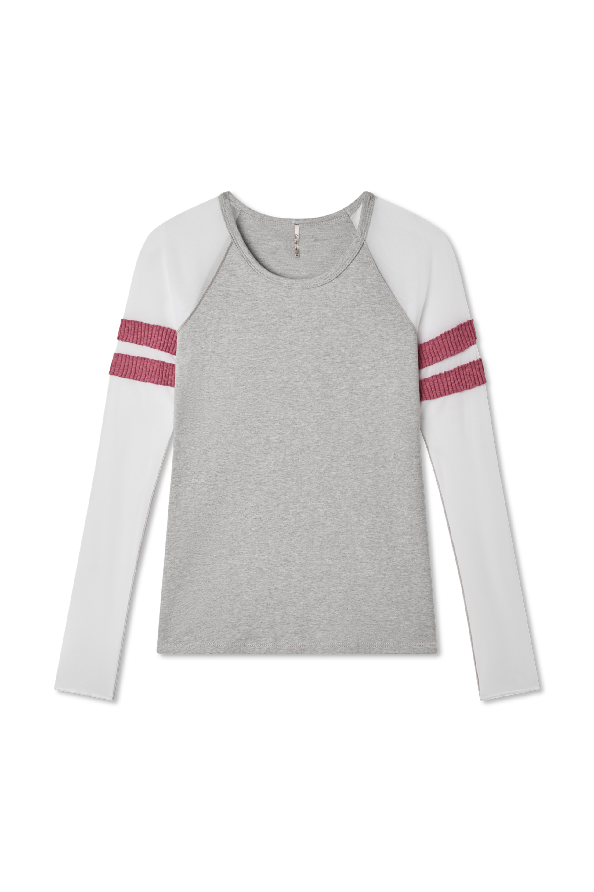 Flat lay photo of a heather gray, white and rosewood (pink) (mauve) long sleeve baseball top in navy with mesh sleeves. sporty and casual every day shirt. - Pete Collection
