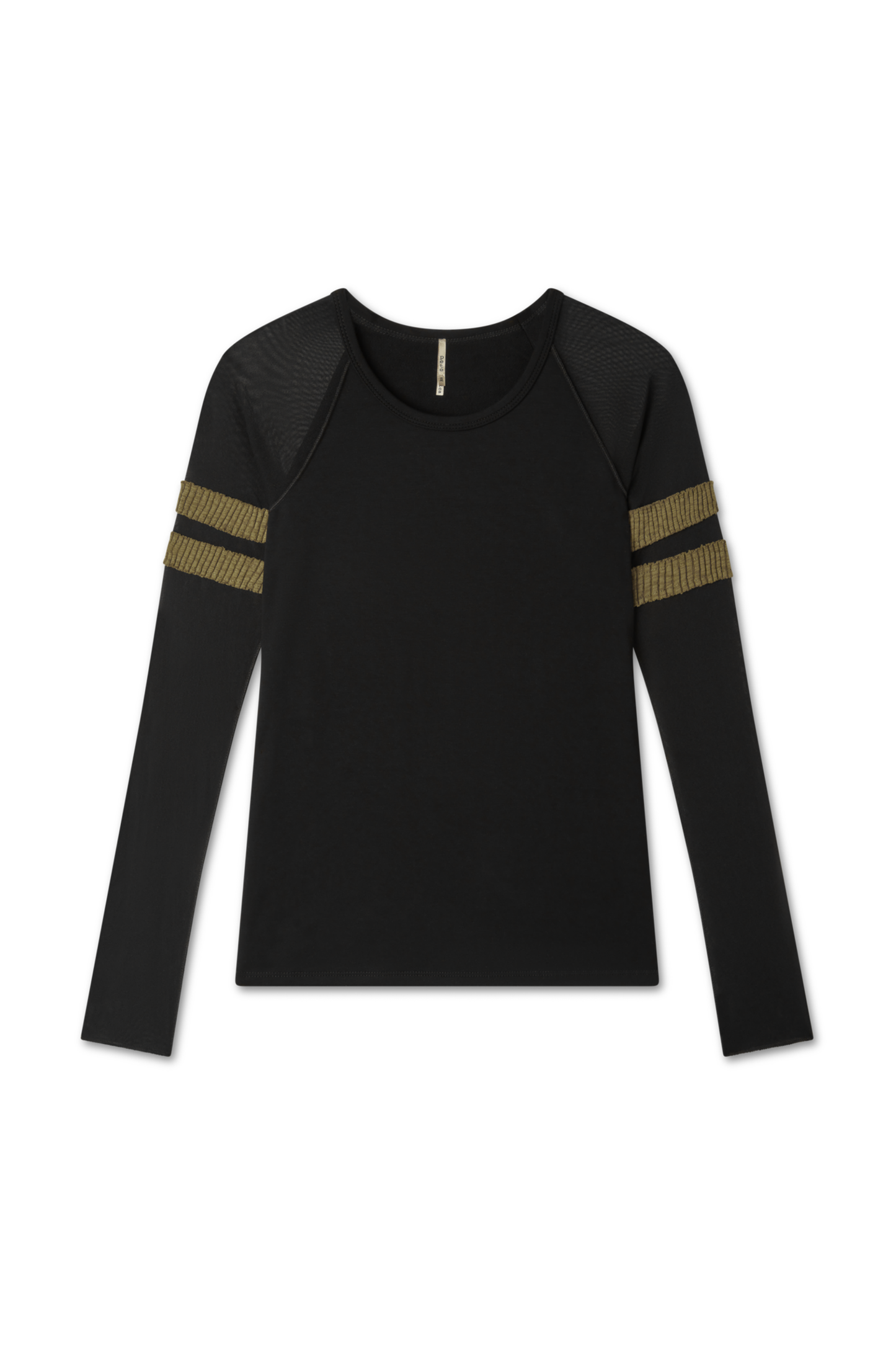 Flat lay photo of black and moss (green) (olive) long sleeve baseball top in navy with mesh sleeves. sporty and casual every day shirt. - Pete Collection