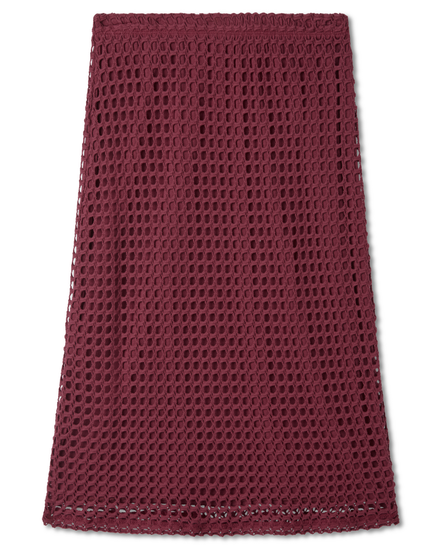 Flat lay image of a crochet knit cotton pencil skirt. sangria, red, burgundy, maroon color. flattering silhouette midi length pencil skirt. - Pete Collection