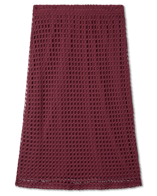 Flat lay image of a crochet knit cotton pencil skirt. sangria, red, burgundy, maroon color. flattering silhouette midi length pencil skirt. - Pete Collection