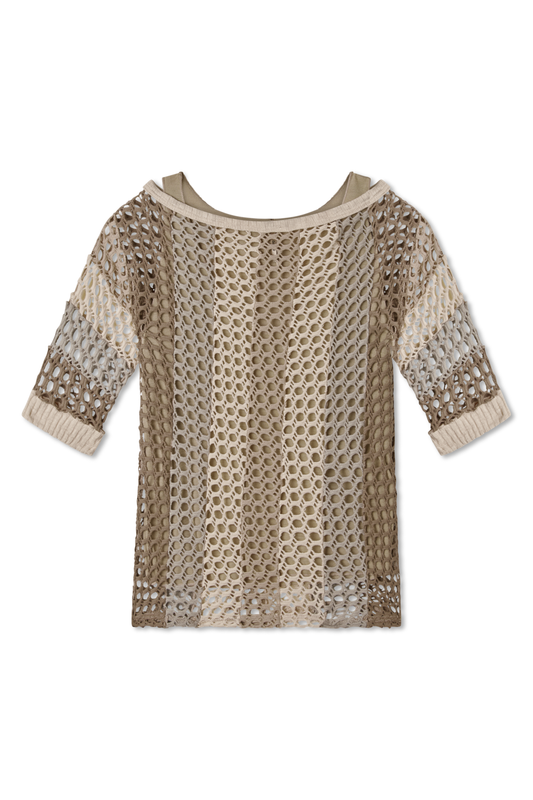 boat neckline, bark combination, shades of brown, white, oatmeal, linen, ivory, grey, greige, beige. crochet, elbow sleeves, color block, stripes, lining, tank top