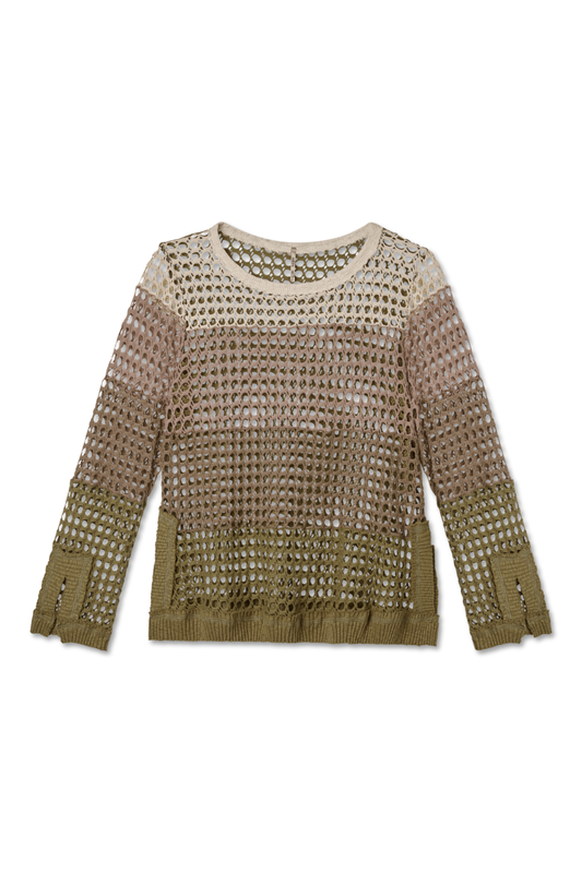 Flat lay photo of a crochet neutral, brown, beige, moss (green) long sleeve cotton knit with a crew neckline - Pete Collection