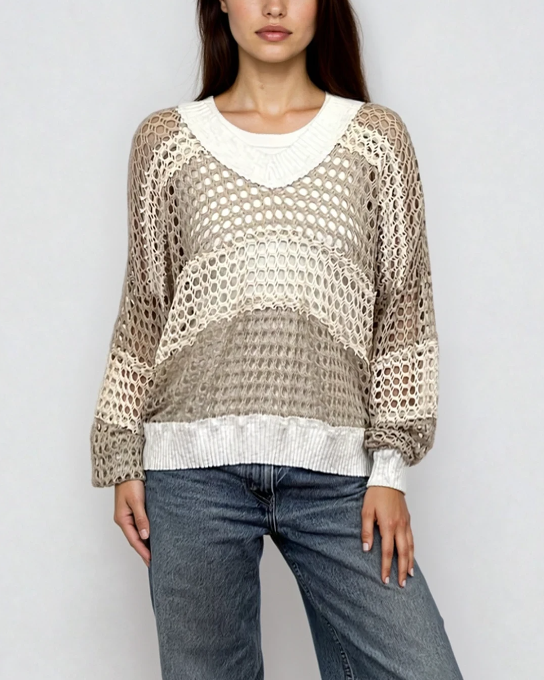 Female model wearing a v neck coconut milk (white) beige, and cream cotton crochet long sleeve top - Pete Collection