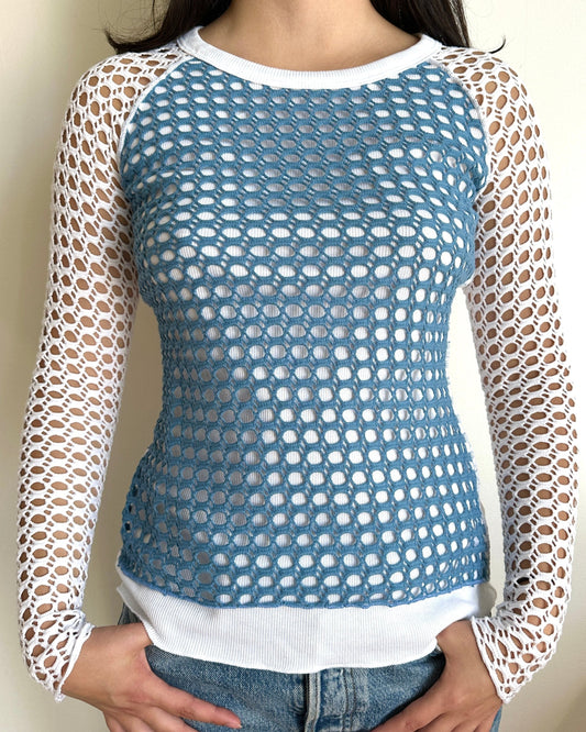 Female model wearing a crochet coconut milk (white) and vintage blue long sleeve cotton knit - Pete Collection