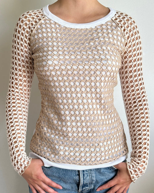 Female model wearing a crochet oatmeal, linen (cream) and white long sleeve cotton knit - Pete Collection