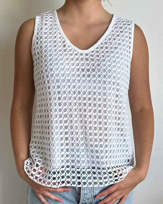 Female model wearing a v neck coconut milk (white) cotton crochet tank top - Pete Collection