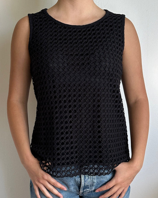 Female model wearing a crew neck black cotton crochet tank top - Pete Collection