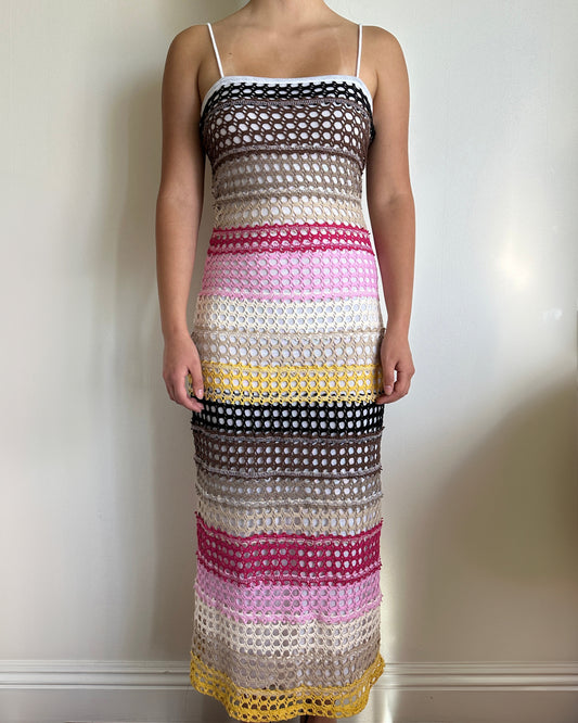 Female model wearing an spaghetti strap color block cotton crochet dress - Pete Collection