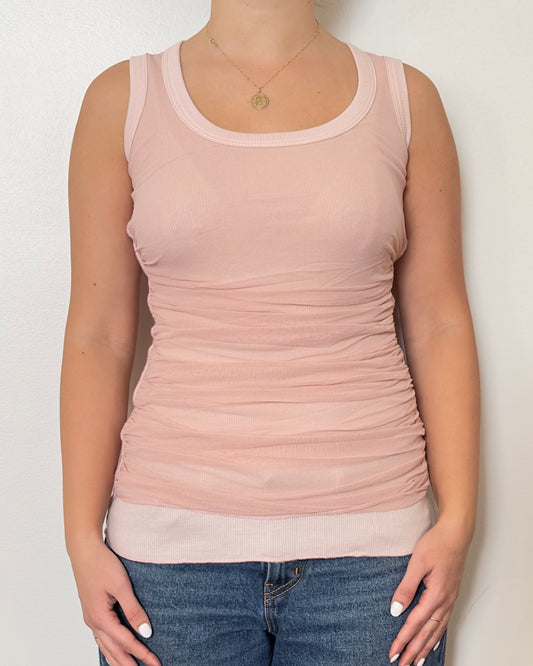 Female model wearing a cotton and mesh blush pink tank top - Pete Collection