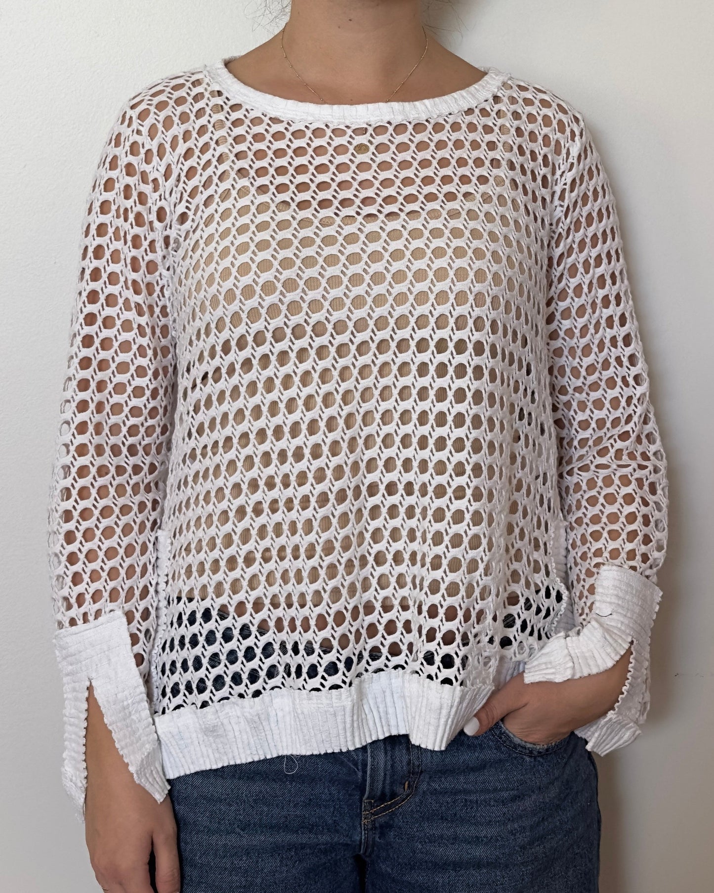 Female model wearing a solid crochet white long sleeve cotton knit - Pete Collection