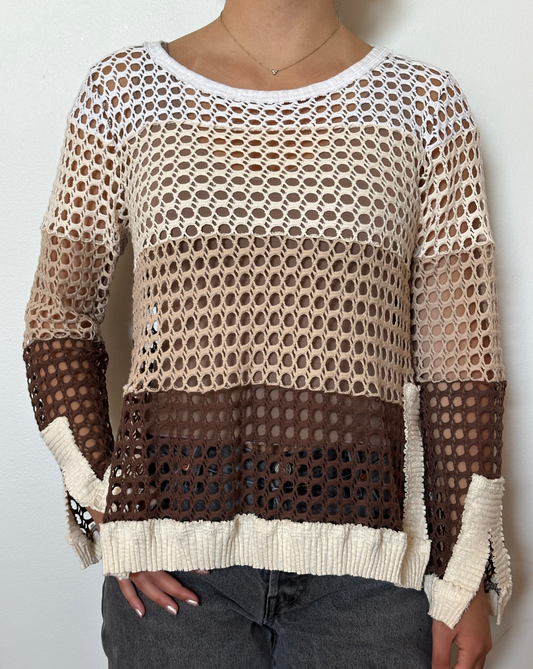 Female model wearing a crochet neutral, brown, beige, cream, and white long sleeve cotton knit - Pete Collection